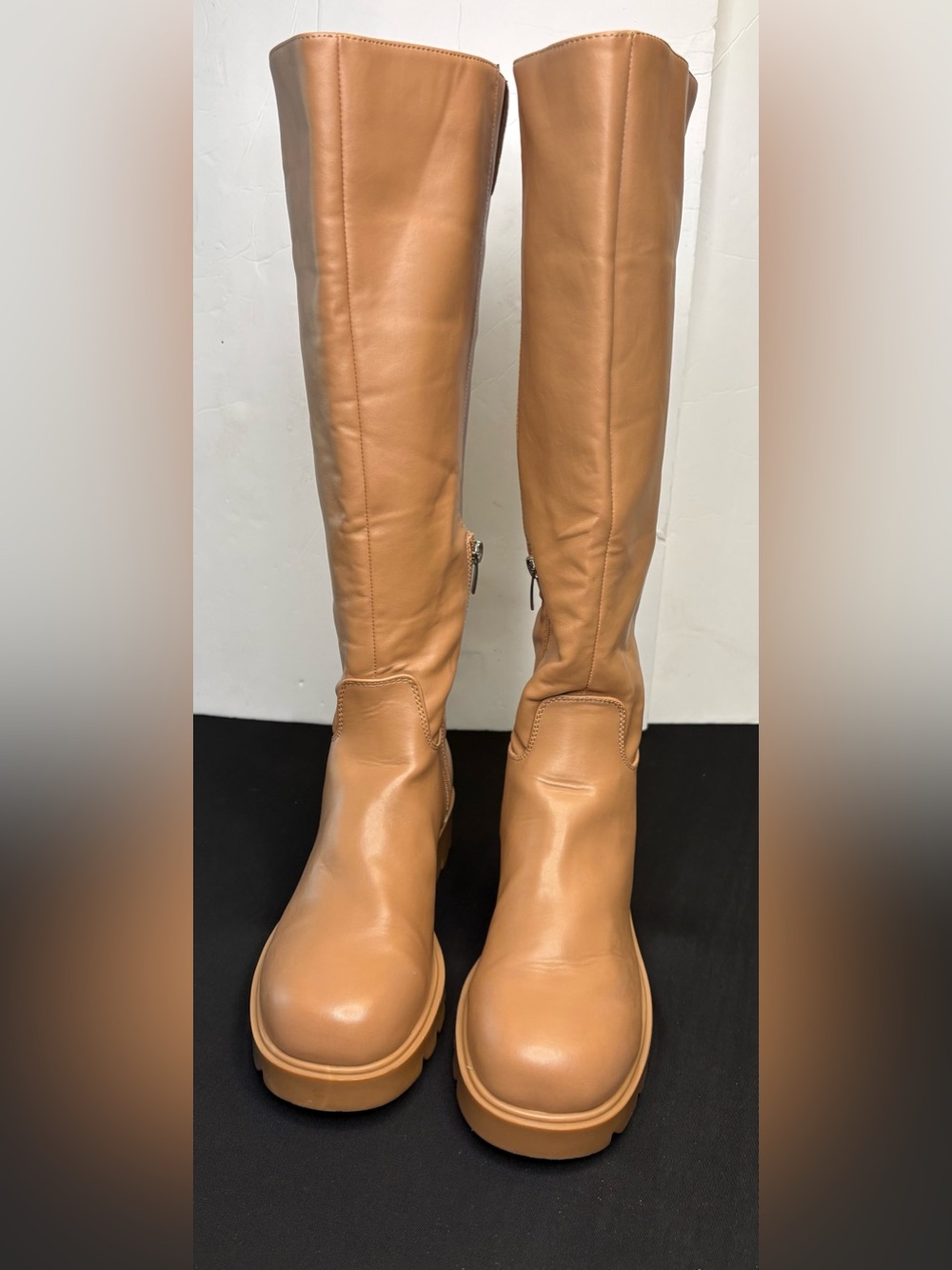 Nine West Womens Beige Knee High Boots Side Zip Chunky Sole Sz 8